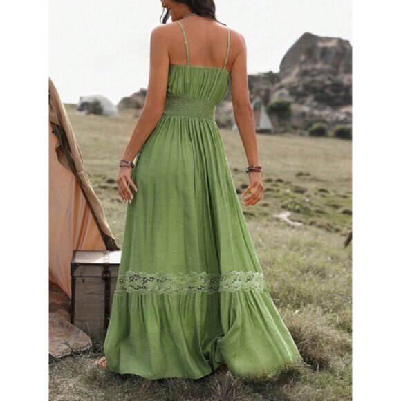 Boho Shirred Ruffle Lace Hem Maxi Dress Green. - Picture 2 of 8